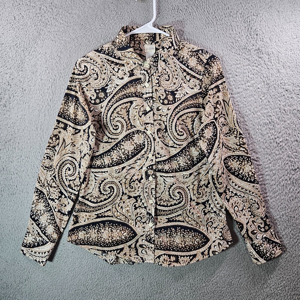 J Crew Shirt‎ Top women Small Button Paisley Print Long Sleeve Black White Brown